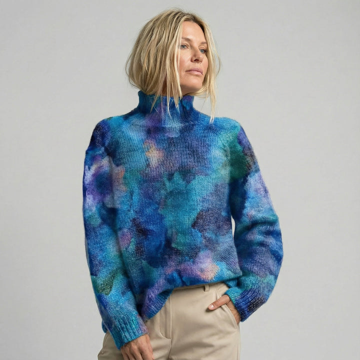 Anaïs - Pull à col roulé avec broderie florale en bleu
