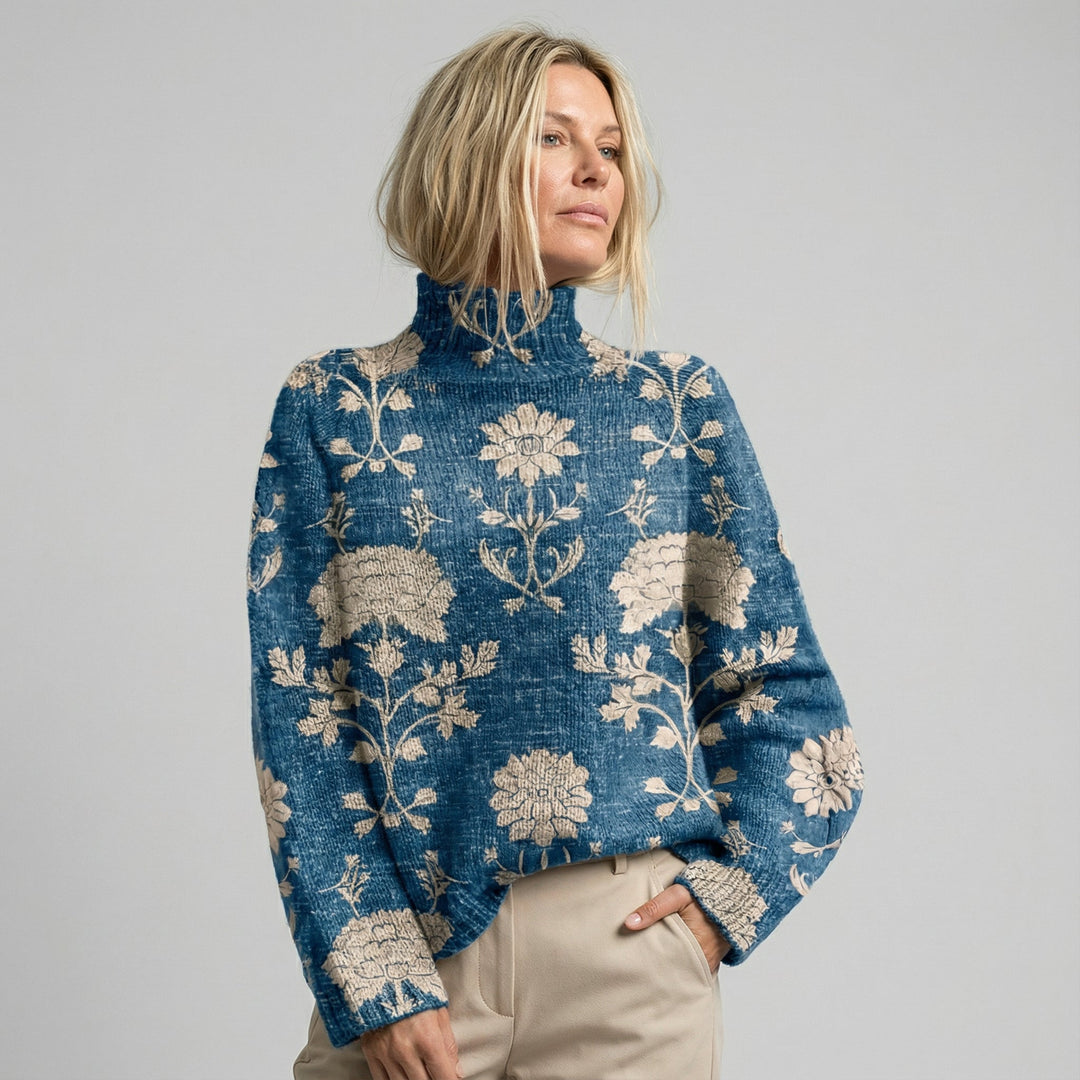 Anaïs - Pull à col roulé avec broderie florale en bleu