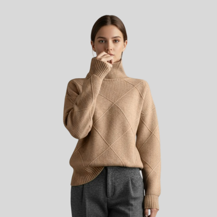 Océane - Pull-over à Col Montant Beige avec Motif Carré